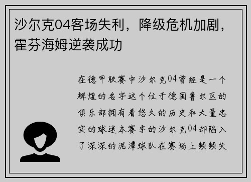 沙尔克04客场失利，降级危机加剧，霍芬海姆逆袭成功